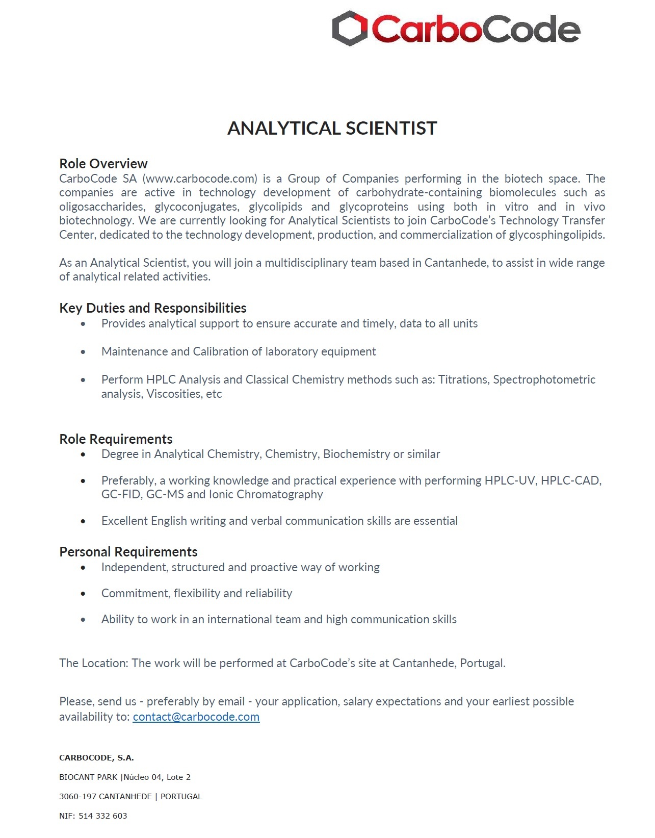 Job Offer: Analytical Scientist - Carbocode