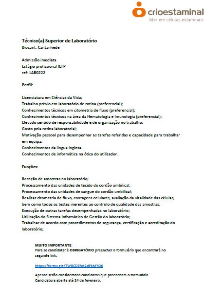 Open position for an Internship at Crioestaminal